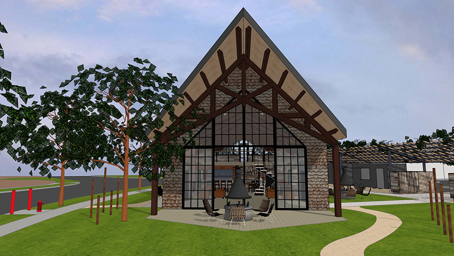 Rendering of the front of the tap house, the spiral staircase to the mezzanine can be seen inside, and fireplace is in the yard